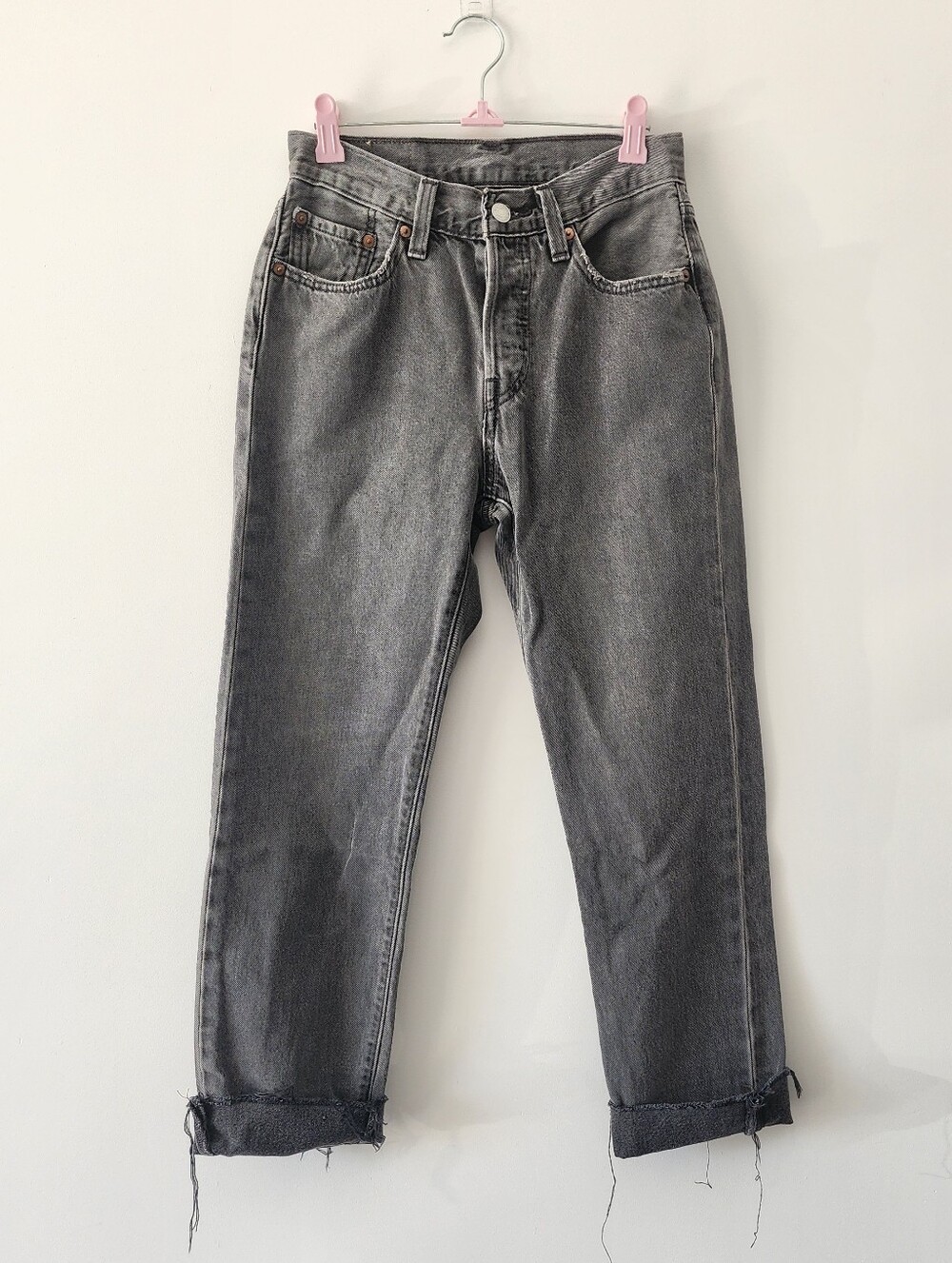 Levi's 501 Women W24 L26 Black Ankle Straight Jeans Raw Hem Streetwear Denim
